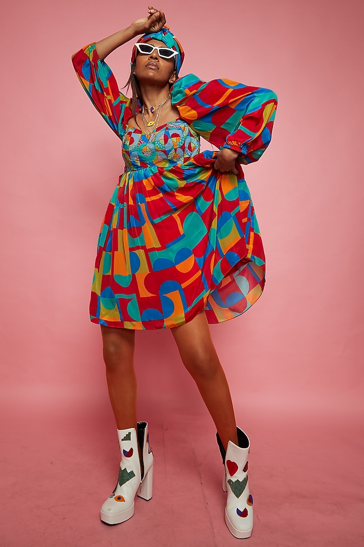 Multi-Colored Crepe Gathered Mini Vacation Dress by Esha L Amin at Pernia's Pop Up Shop