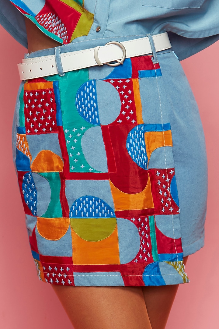 Blue Printed Mini Skirt by Esha L Amin at Pernia's Pop Up Shop