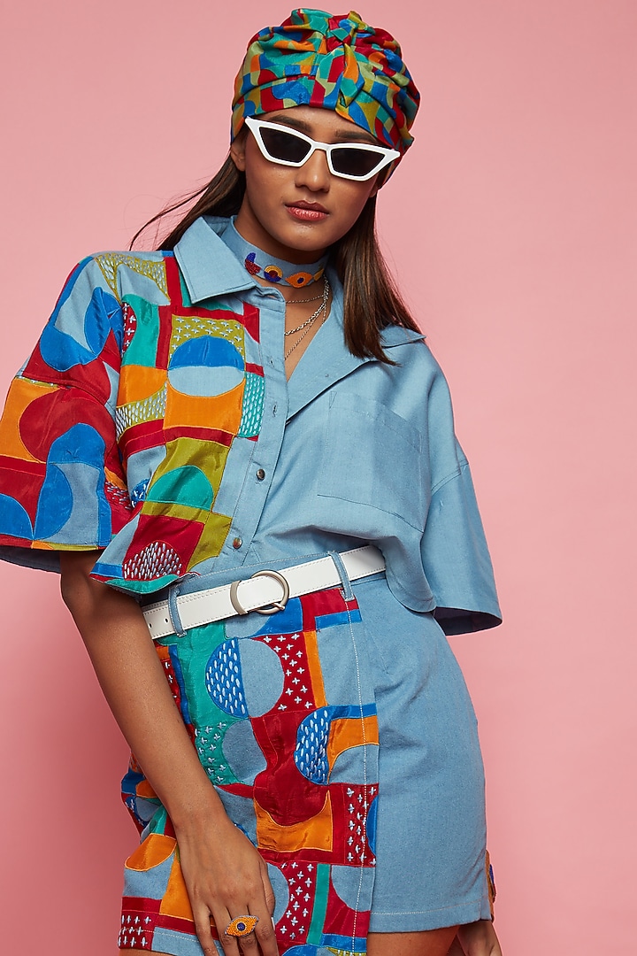 Blue Printed Mini Skirt by Esha L Amin at Pernia's Pop Up Shop