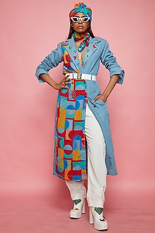 Blue Printed Trench Coat by Esha L Amin