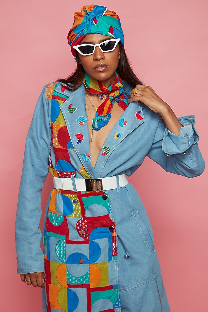 Blue Printed Trench Coat by Esha L Amin at Pernia's Pop Up Shop