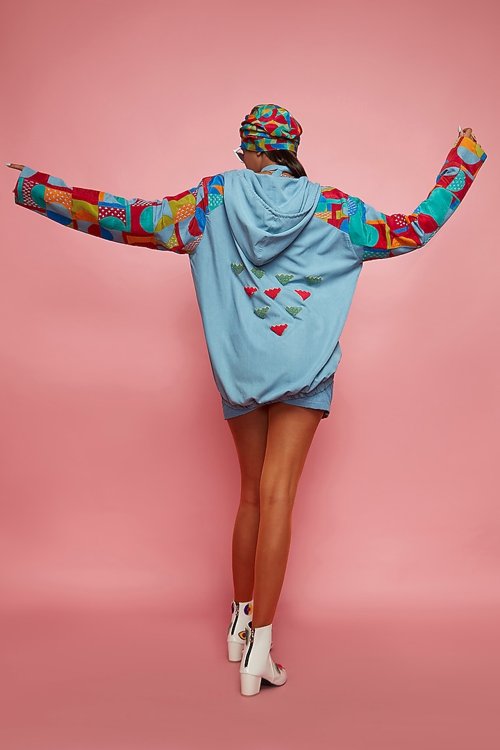 Blue Denim Patched Hoodie by Esha L Amin at Pernia's Pop Up Shop