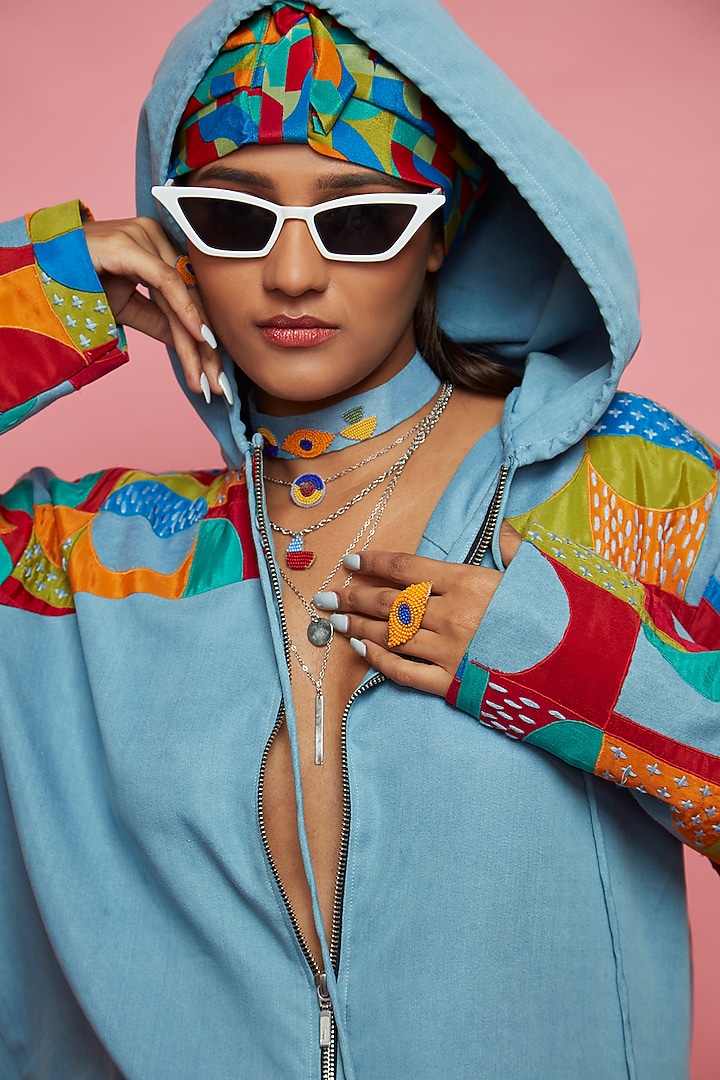 Blue Denim Patched Hoodie by Esha L Amin at Pernia's Pop Up Shop