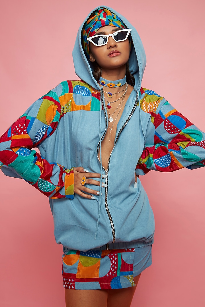 Blue Denim Patched Hoodie by Esha L Amin at Pernia's Pop Up Shop