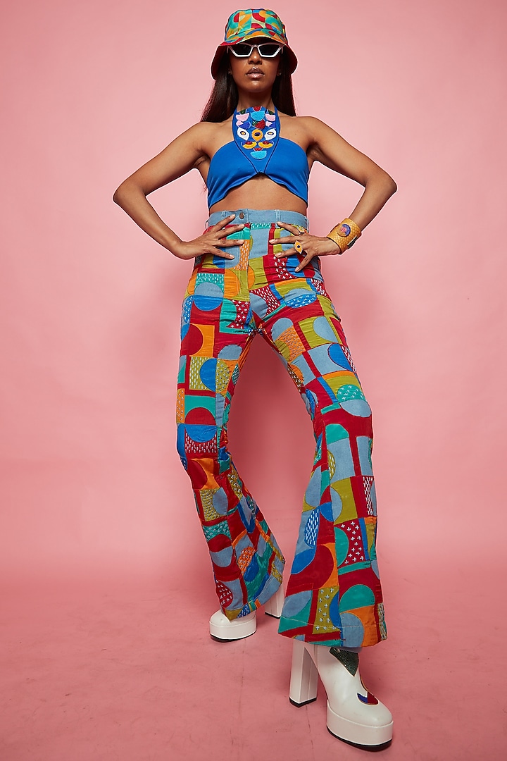 Multi-Colored Denim Bell Bottom Pants by Eshaa Amiin