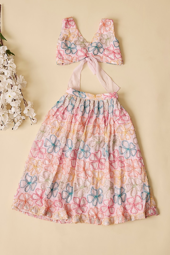 Pink Organza Floral Embroidered Lehenga Set For Girls by Esha Amin Kids at Pernia's Pop Up Shop