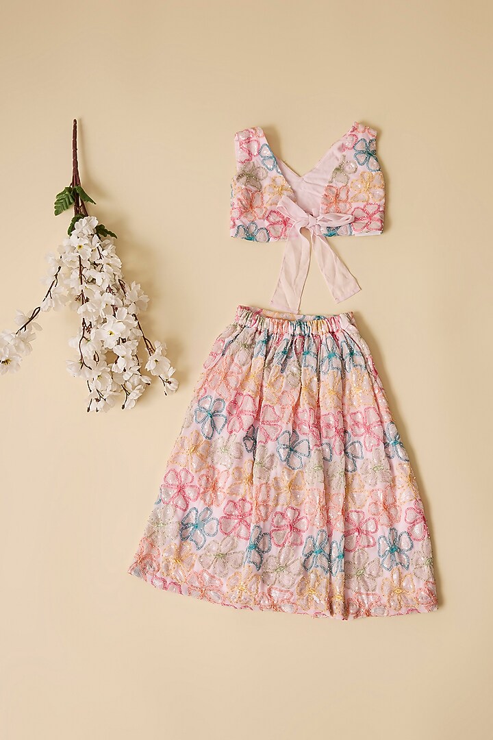 Pink Organza Floral Embroidered Lehenga Set For Girls by Esha Amin Kids at Pernia's Pop Up Shop