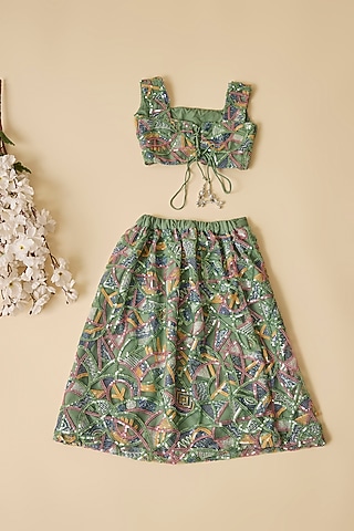 Green Organza Floral Embroidered Lehenga Set For Girls by Esha Amin Kids