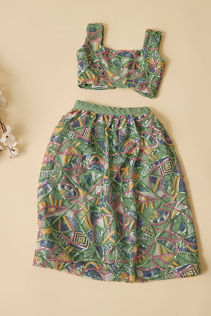 Green Organza Floral Embroidered Lehenga Set For Girls by Esha Amin Kids at Pernia's Pop Up Shop