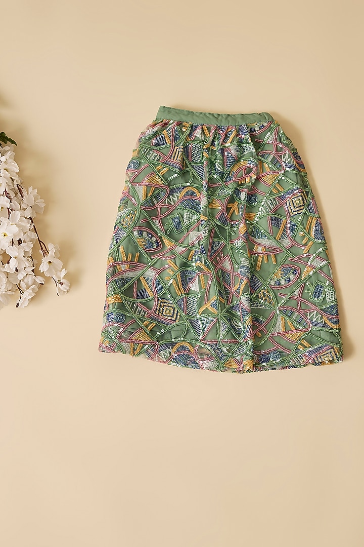 Green Organza Floral Embroidered Lehenga Set For Girls by Esha Amin Kids at Pernia's Pop Up Shop