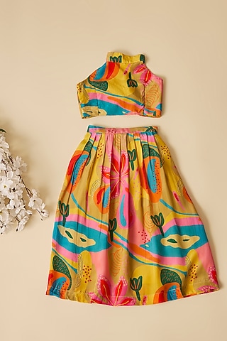 Multi-Colored Crepe Croissant Printed Lehenga Set For Girls by Esha Amin Kids