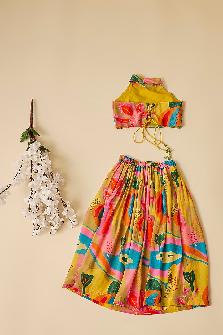 Multi-Colored Crepe Croissant Printed Lehenga Set For Girls by Esha Amin Kids at Pernia's Pop Up Shop