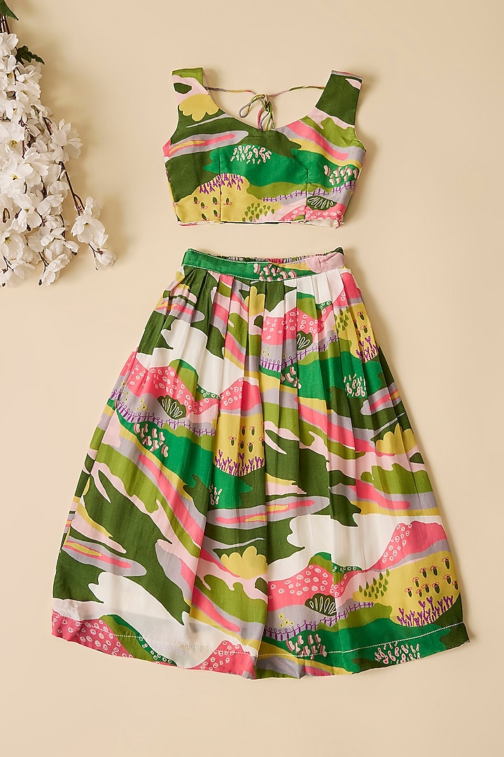 Multi-Colored Crepe Scenery Printed Lehenga Set For Girls by Esha Amin Kids at Pernia's Pop Up Shop