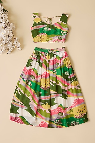 Multi-Colored Crepe Scenery Printed Lehenga Set For Girls by Esha Amin Kids