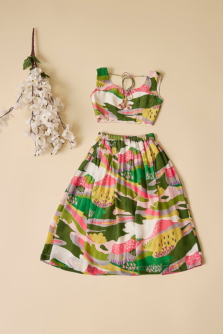 Multi-Colored Crepe Scenery Printed Lehenga Set For Girls by Esha Amin Kids at Pernia's Pop Up Shop