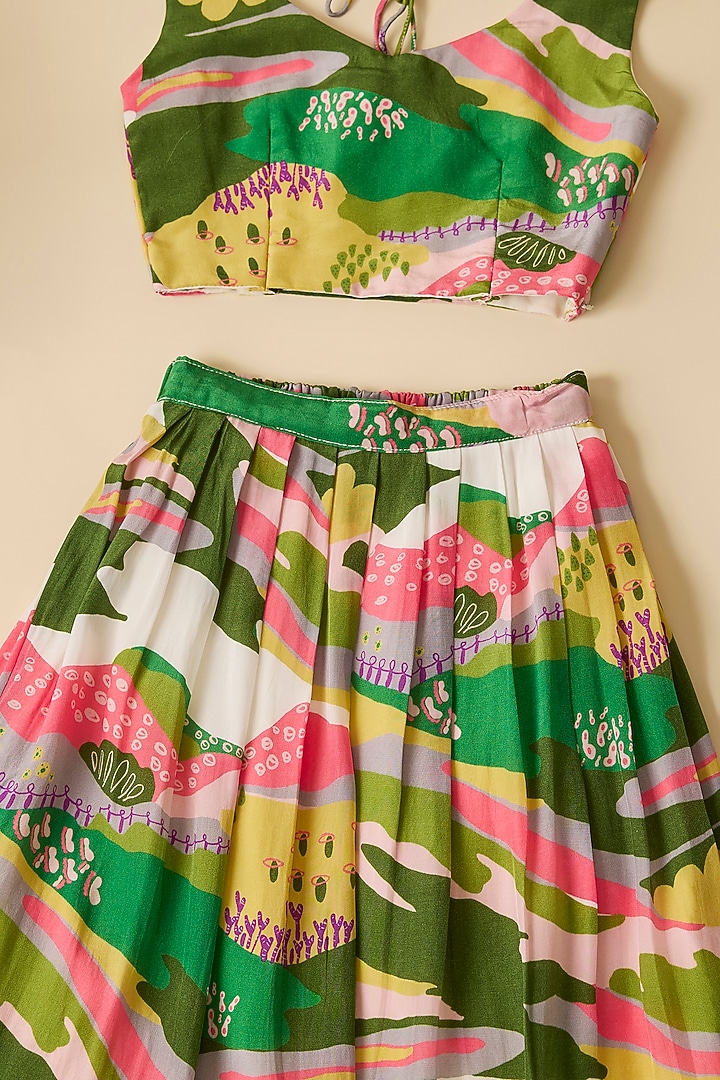 Multi-Colored Crepe Scenery Printed Lehenga Set For Girls by Esha Amin Kids at Pernia's Pop Up Shop