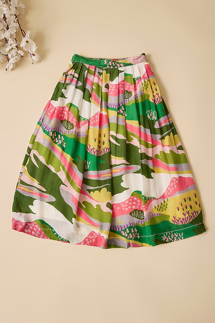 Multi-Colored Crepe Scenery Printed Lehenga Set For Girls by Esha Amin Kids at Pernia's Pop Up Shop