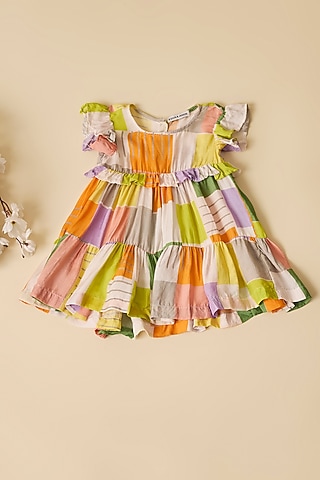 Multi-Colored Crepe Square Printed Dress For Girls by Esha Amin Kids