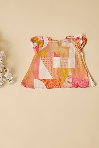 Multi-Colored Crepe Geometric Printed Dress For Girls by Esha Amin Kids