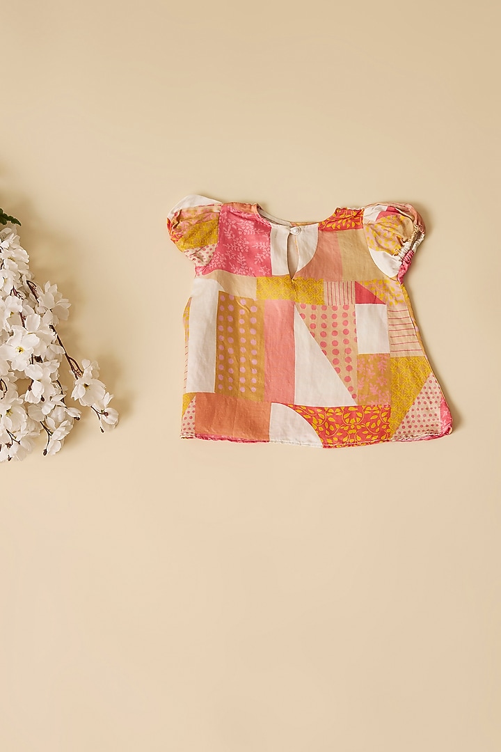 Multi-Colored Crepe Geometric Printed Dress For Girls by Esha Amin Kids at Pernia's Pop Up Shop