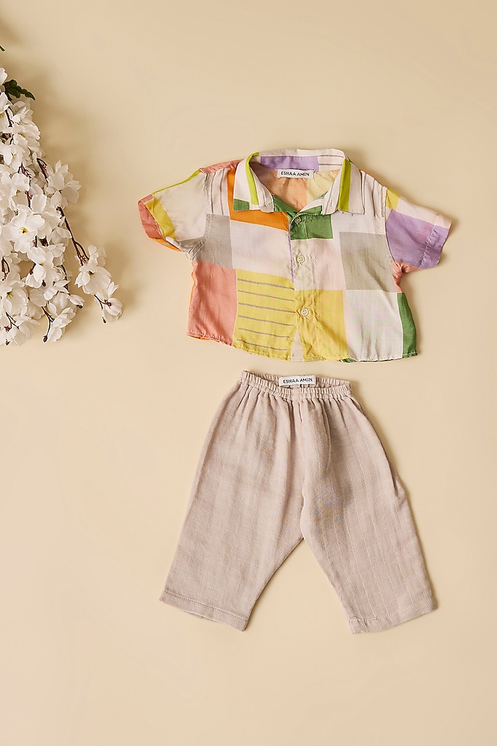 Multi-Colored Crepe Square Printed Shirt For Boys by Esha Amin Kids at Pernia's Pop Up Shop