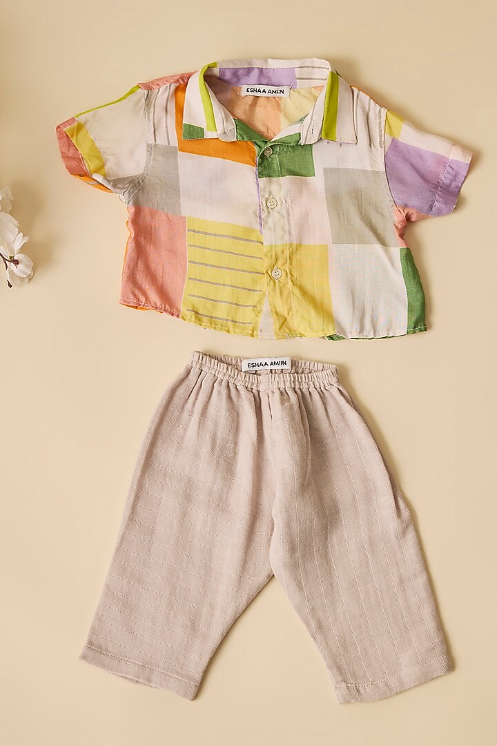 Multi-Colored Crepe Square Printed Shirt For Boys by Esha Amin Kids at Pernia's Pop Up Shop