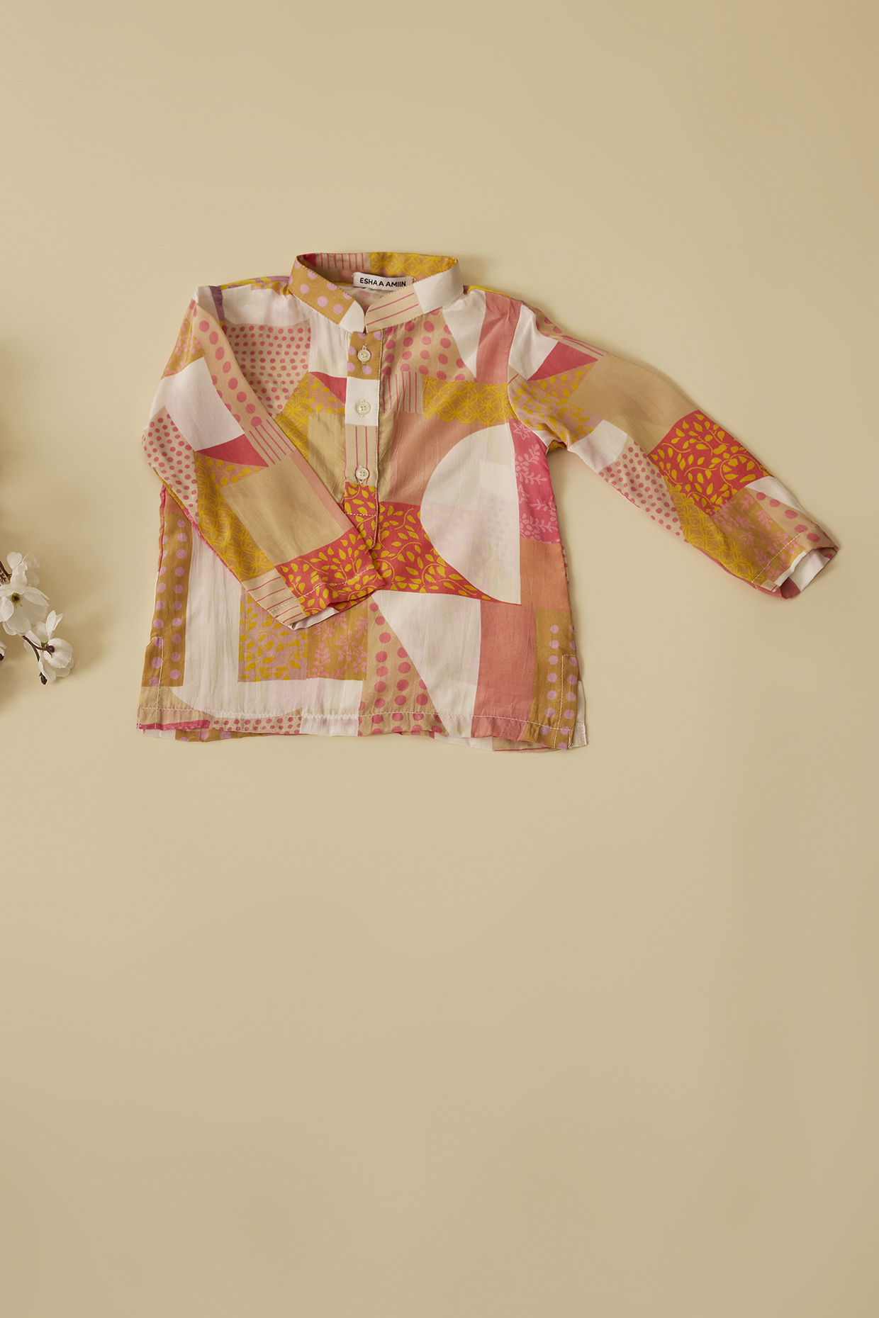 Multi-Colored Crepe Geometric Printed Kurta Set For Boys by Esha Amin Kids at Pernia's Pop Up Shop