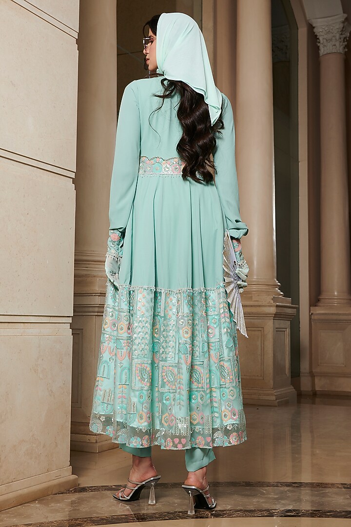 Blue Net Motif Embroidered Wedding Anarkali by Esha L Amin at Pernia's Pop Up Shop