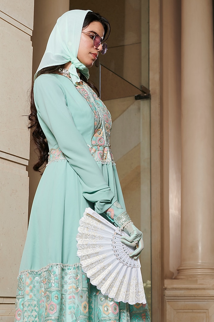 Blue Net Motif Embroidered Wedding Anarkali by Esha L Amin at Pernia's Pop Up Shop