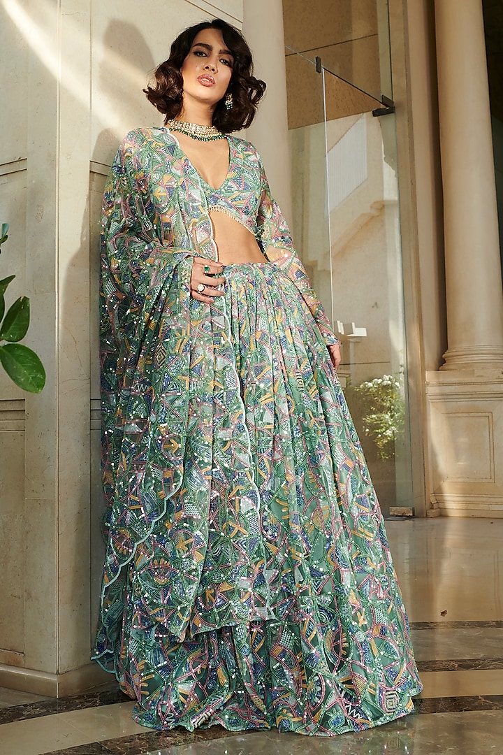 Green Net Cutwork Embroidered Wedding Lehenga Set by Eshaa Amin at Pernia's Pop Up Shop