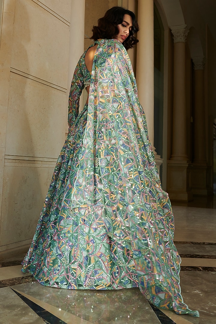 Green Net Cutwork Embroidered Wedding Lehenga Set by Esha L Amin at Pernia's Pop Up Shop