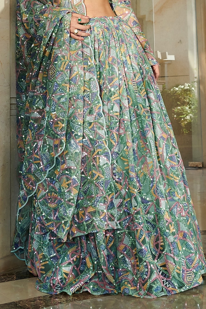 Green Net Cutwork Embroidered Wedding Lehenga Set by Esha L Amin at Pernia's Pop Up Shop