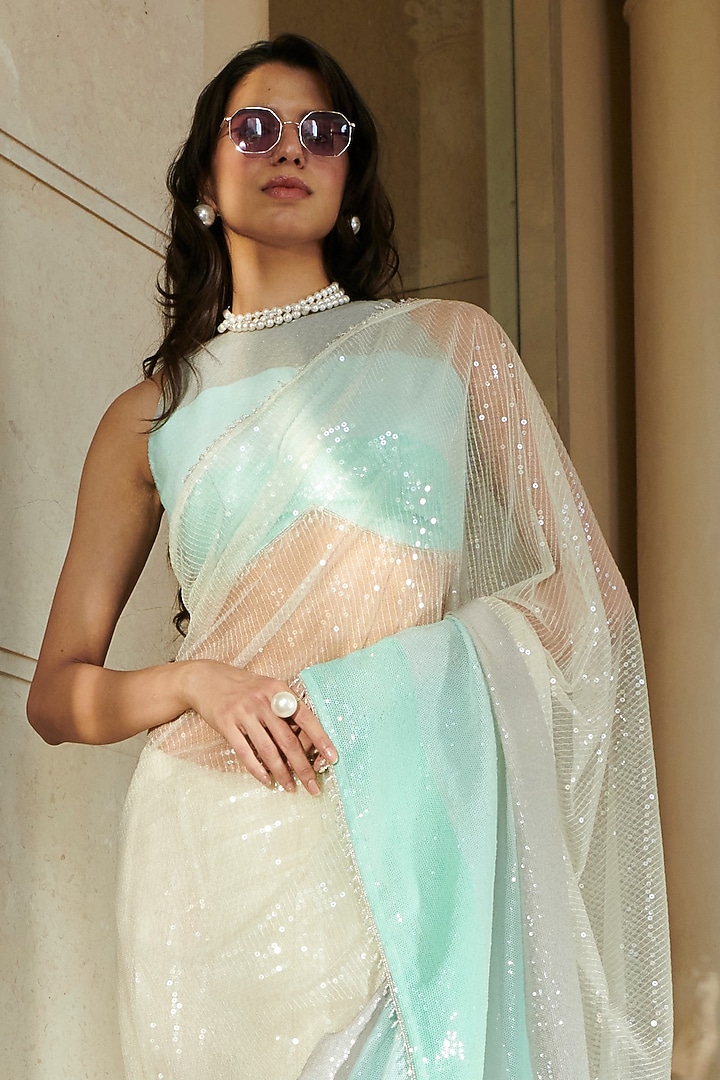 White Sequins Net Wedding Saree Set by Esha L Amin at Pernia's Pop Up Shop