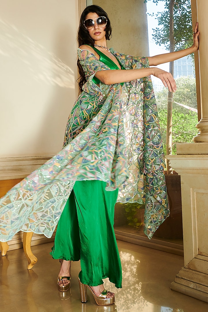 Green Net Cutwork Embroidered Cape Set by Esha L Amin at Pernia's Pop Up Shop