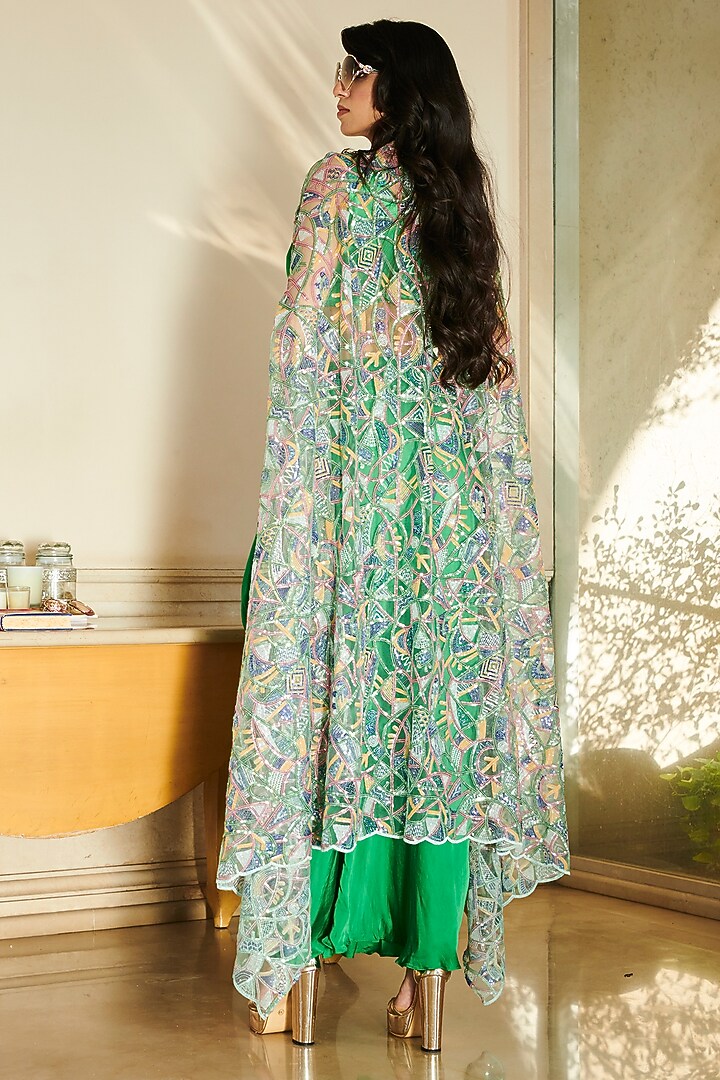 Green Net Cutwork Embroidered Cape Set by Esha L Amin at Pernia's Pop Up Shop