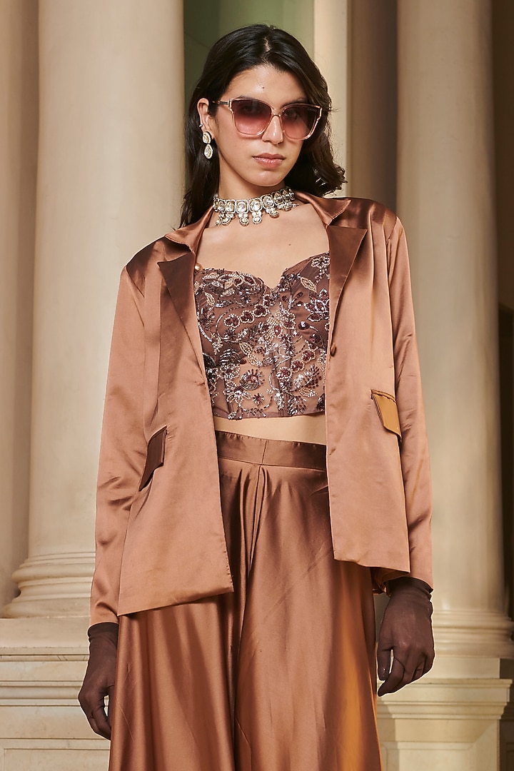 Brown Satin Pant Set by Esha L Amin at Pernia's Pop Up Shop
