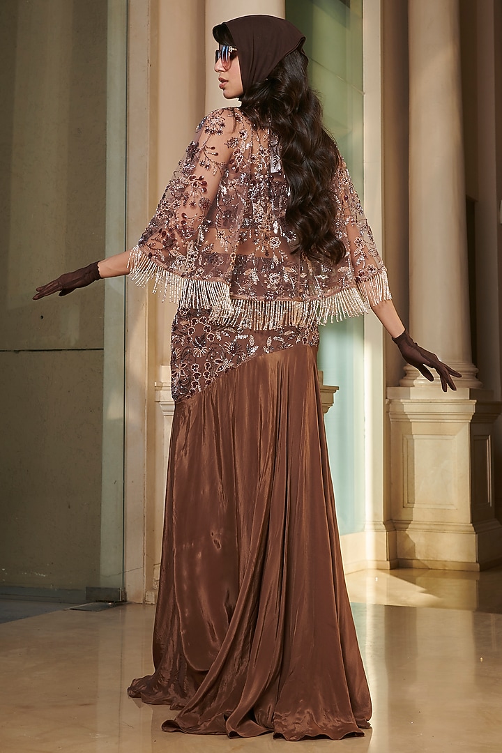 Brown Crepe Embroidered Slit Skirt Set by Esha L Amin at Pernia's Pop Up Shop