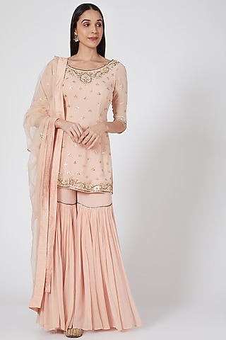 Peach Pink Georgette Gota Embroidered Gharara Set by Esha Koul