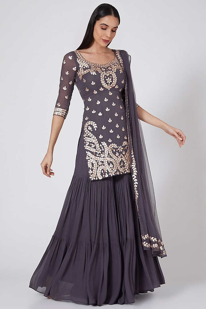 Grey Sharara Set With Embroidered Kurta by Esha Koul