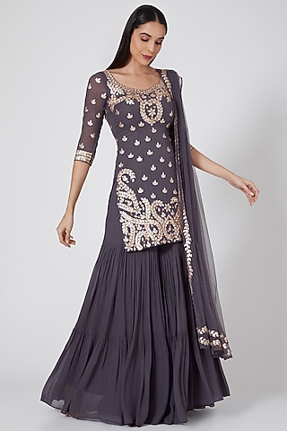 Grey Sharara Set With Embroidered Kurta by Esha Koul