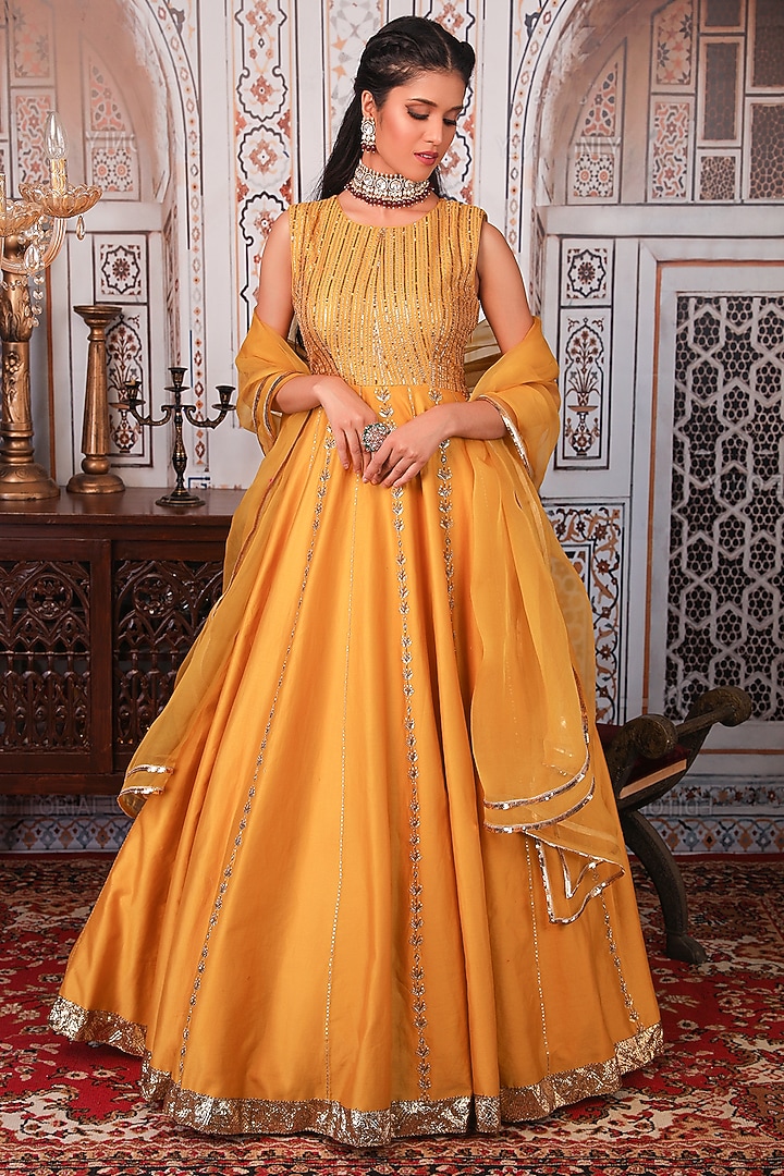 Mustard Chanderi Wedding Anarkali Set by Esha Koul at Pernia's Pop Up Shop