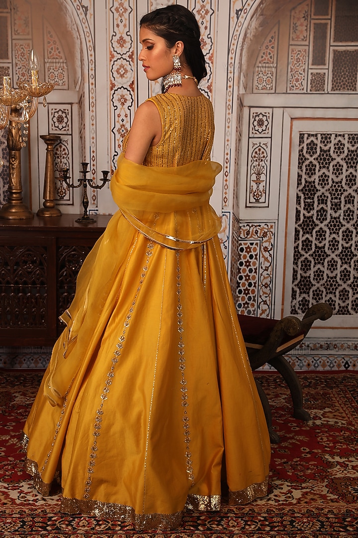Mustard Chanderi Wedding Anarkali Set by Esha Koul at Pernia's Pop Up Shop