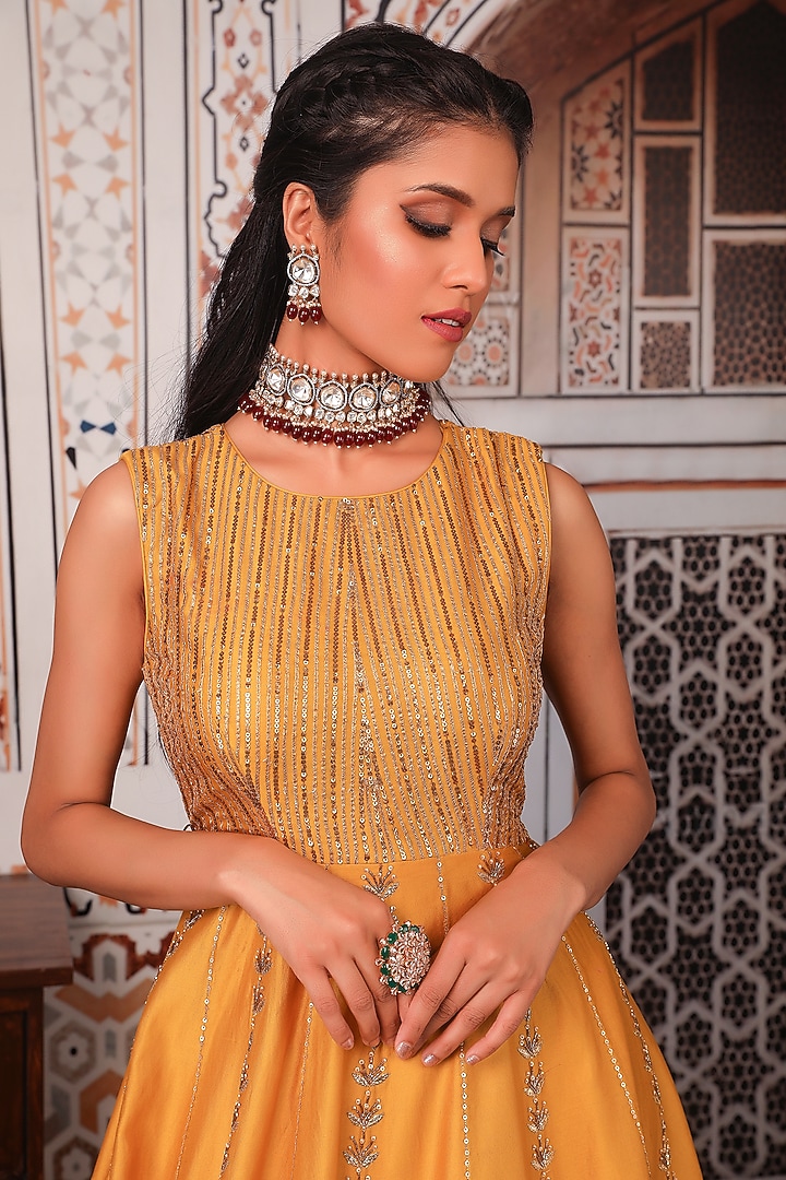 Mustard Chanderi Wedding Anarkali Set by Esha Koul at Pernia's Pop Up Shop