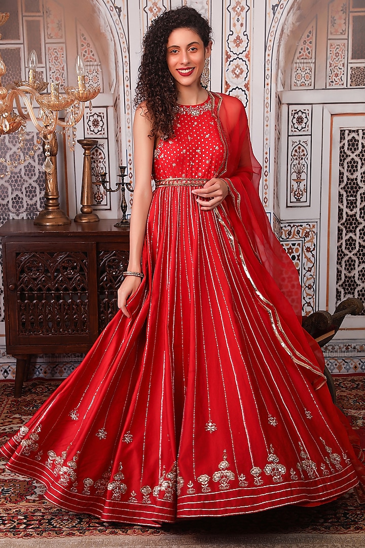 Rust Red Embellished Anarkali Set by Esha Koul