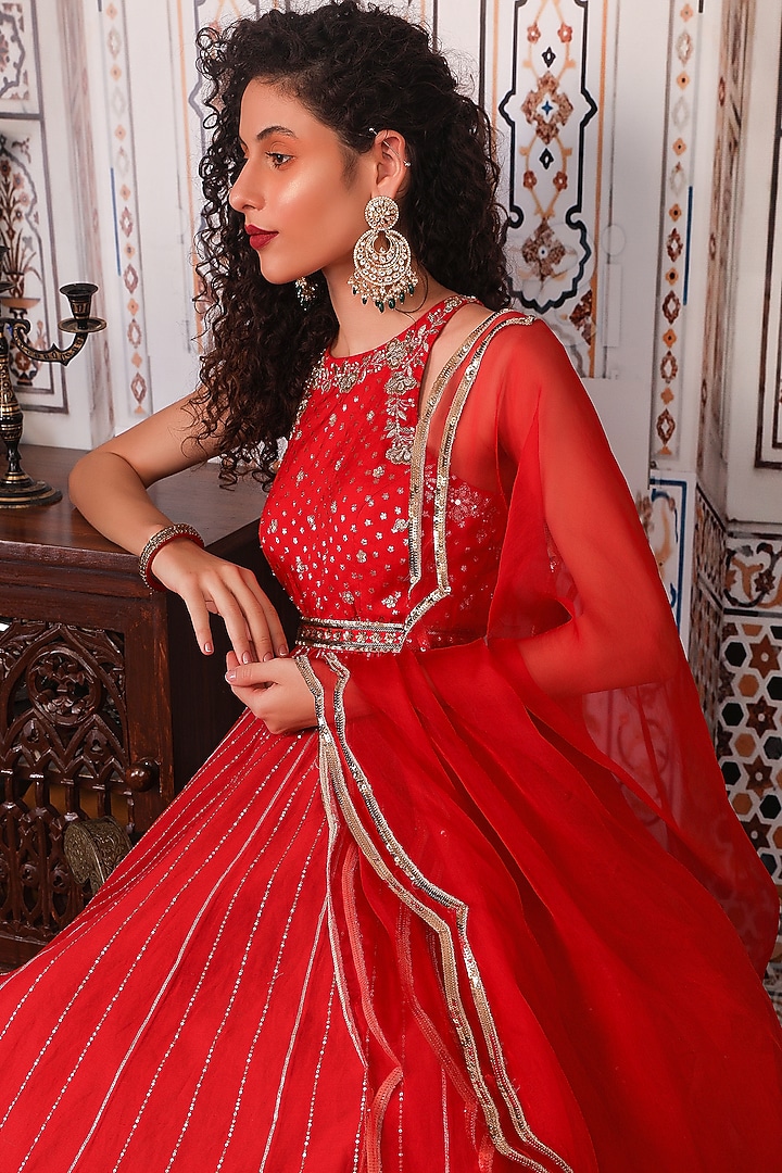 Rust Red Embellished Wedding Anarkali Set by Esha Koul at Pernia's Pop Up Shop