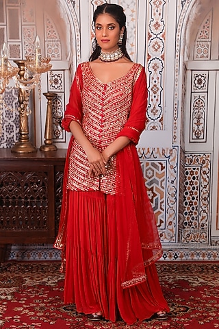 Rust Red Georgette Sharara Set by Esha Koul