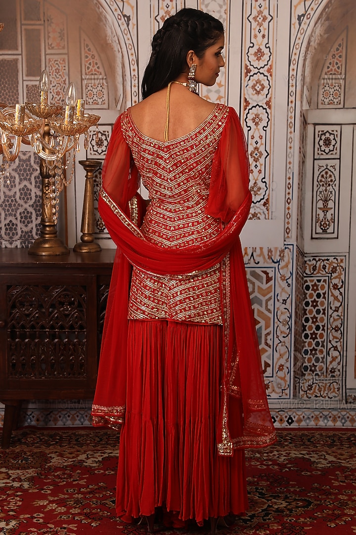 Rust Red Georgette Wedding Sharara Set by Esha Koul at Pernia's Pop Up Shop