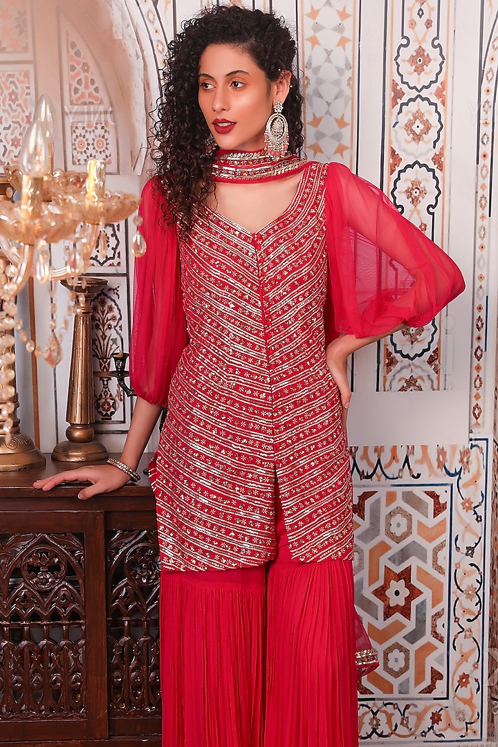 Hot Pink Georgette Wedding Sharara Set by Esha Koul at Pernia's Pop Up Shop