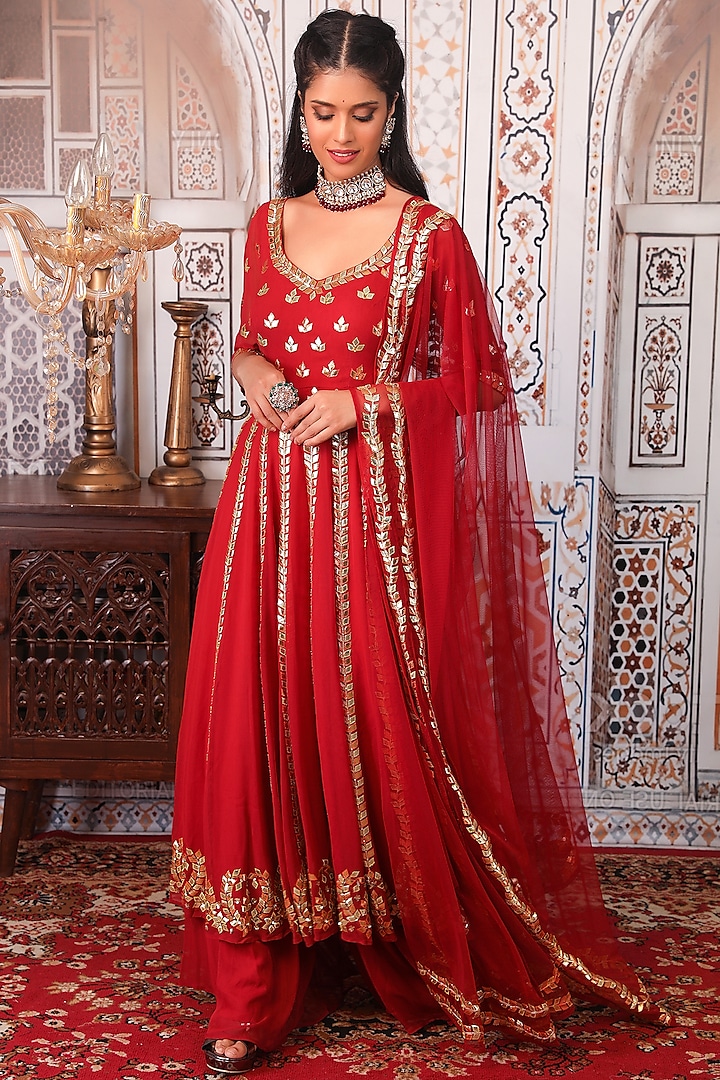 Red Embellished Anarkali Set  by Esha Koul