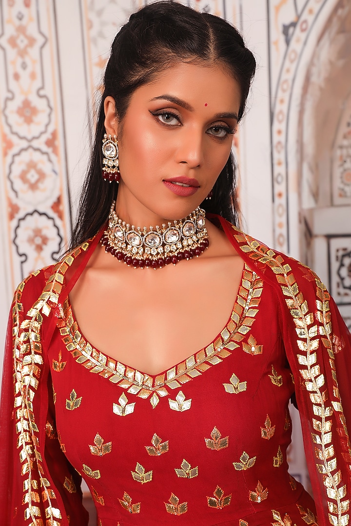 Red Embellished Wedding Anarkali Set by Esha Koul at Pernia's Pop Up Shop